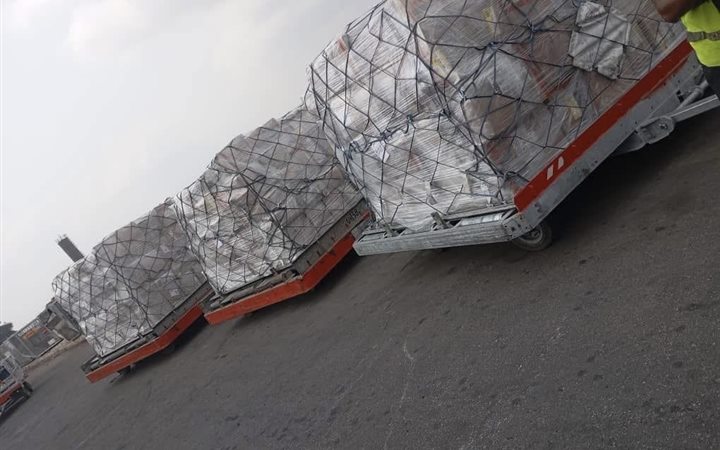 Air cargo pallets ready for loading on the airport tarmac