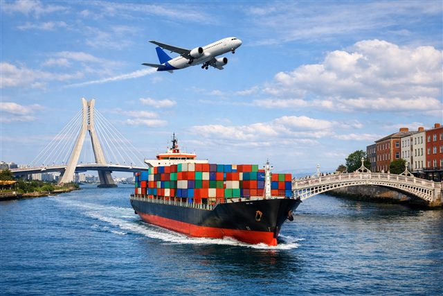 Container ship and cargo plane bound for Dublin, Ireland